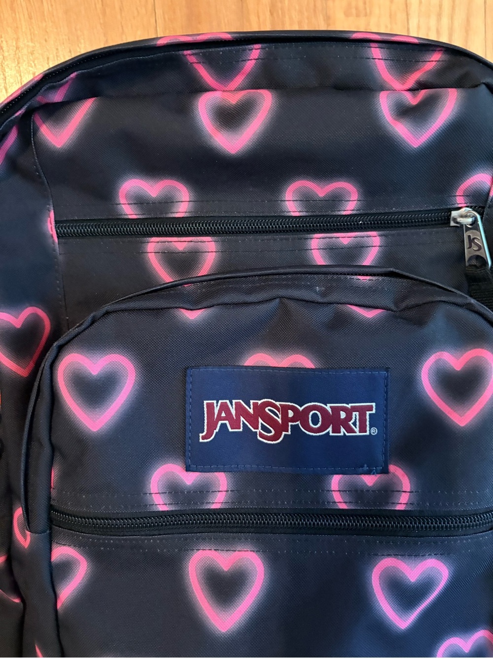 JanSport Big Student Laptop Backpack -- Black with Pink Hearts JS0A47JK - Picture 2 of 9